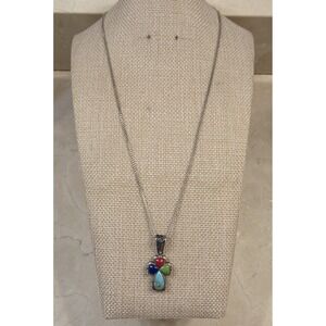 Vtg Sterling Silver Turquoise Lapis Coral Southwestern Reversible Cross Necklace